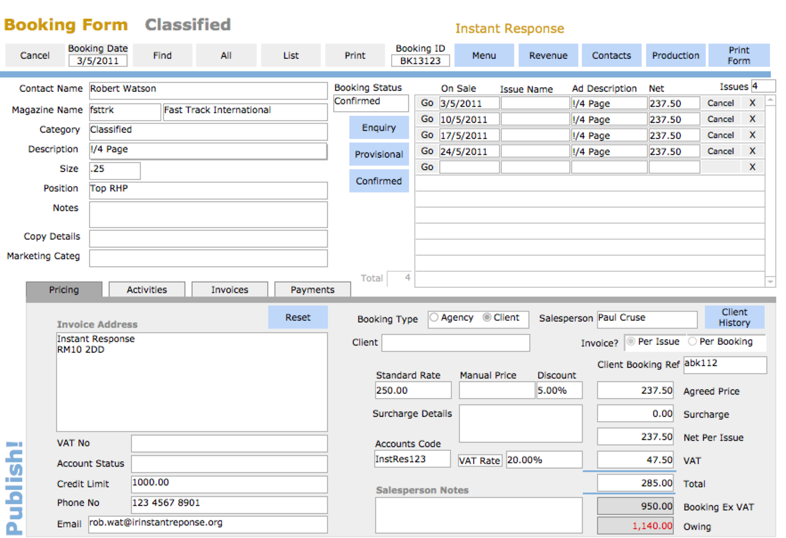 Publish Booking Screen
